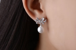 Silver Crystal Pearl Bowknot Earrings - accessorous