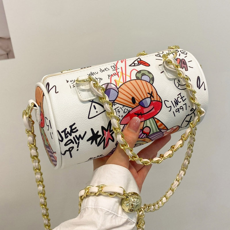 Lovely Teddy Bear Graffiti Cylindrical Leather Handbag - accessorous Handbags