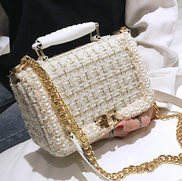 Classic Elegant Woolen Pearl Chain Handbag – accessorous