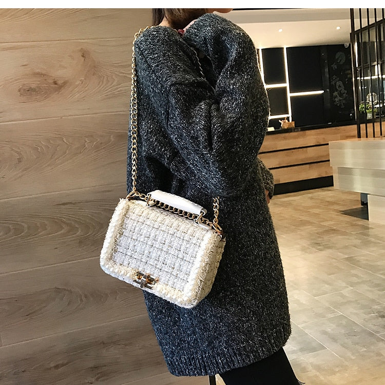 Classic Elegant Woolen Pearl Chain Handbag - accessorous chain shoulder bag