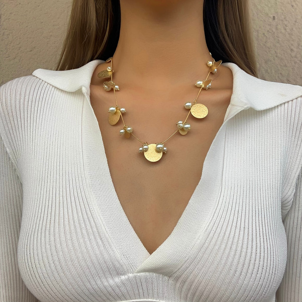 Pearl and Round Disc Pendant Statement Choker Necklace - accessorous Necklaces