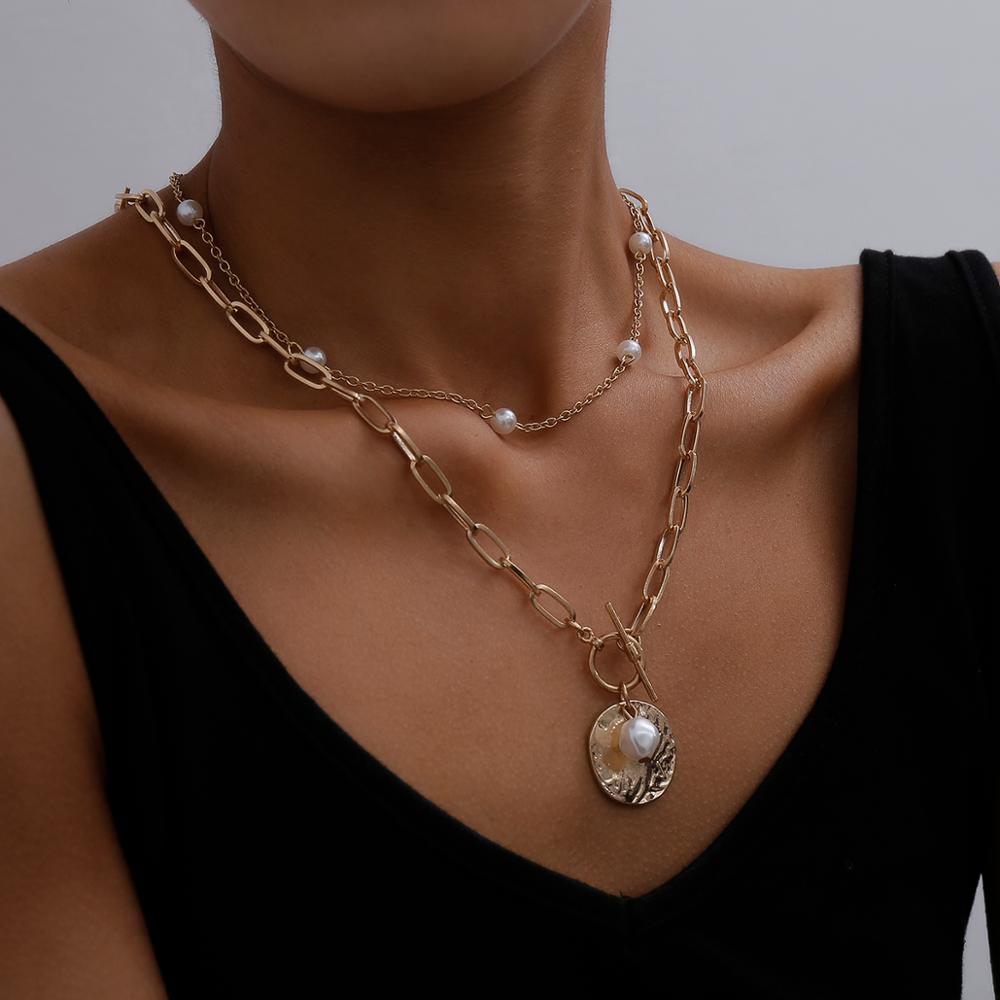 Gothic Baroque Pearl Round Disc Pendant Layered Necklace Set - accessorous layered necklace