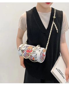 Lovely Teddy Bear Graffiti Cylindrical Leather Handbag - accessorous Handbags