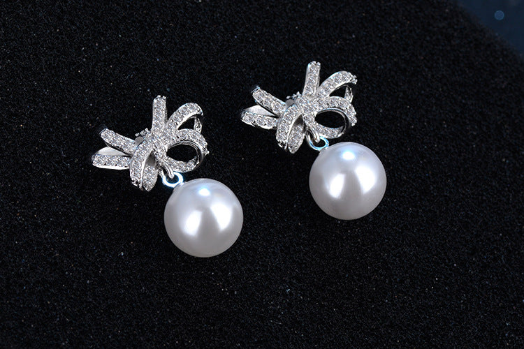 Silver Crystal Pearl Bowknot Earrings - accessorous