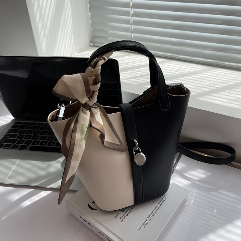 Elegant Color Contrast Leather Bucket Handbag - accessorous bucket handbag