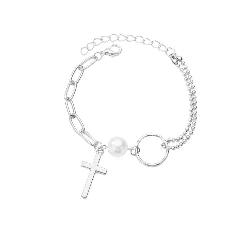 Stainless Steel Cross and Pearl Charm Bracelet - accessorous charms bracelet