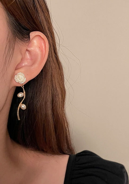 Elegant White Rose Pearl Dangle Earrings - accessorous Dangle earrings