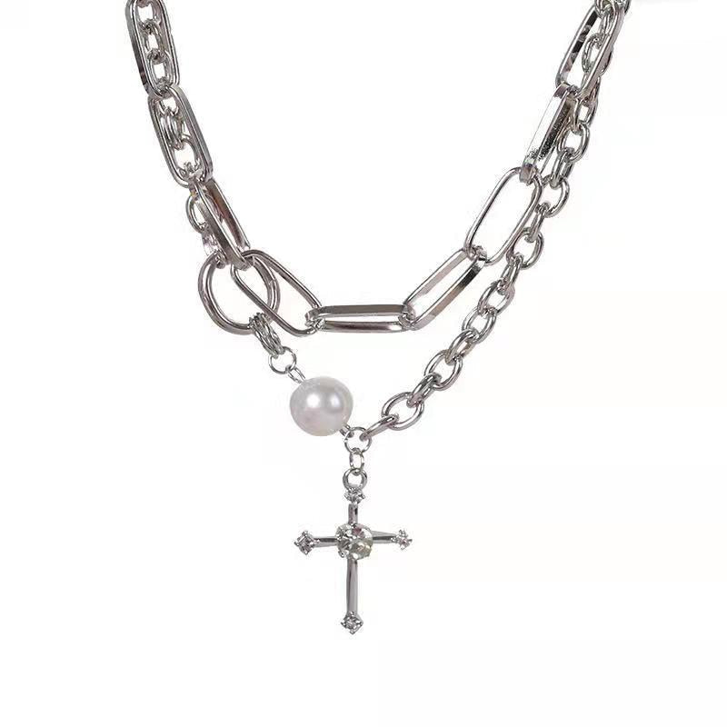 Double Layered Cross Pendant Pearl Statement Chain Necklace - accessorous Chain necklace