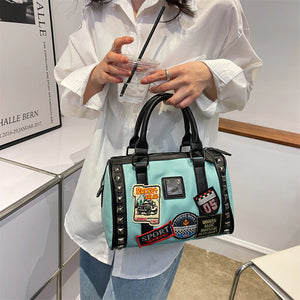 Trendy Embroidery Labels Rivet Leather Handbag - accessorous leather handbag