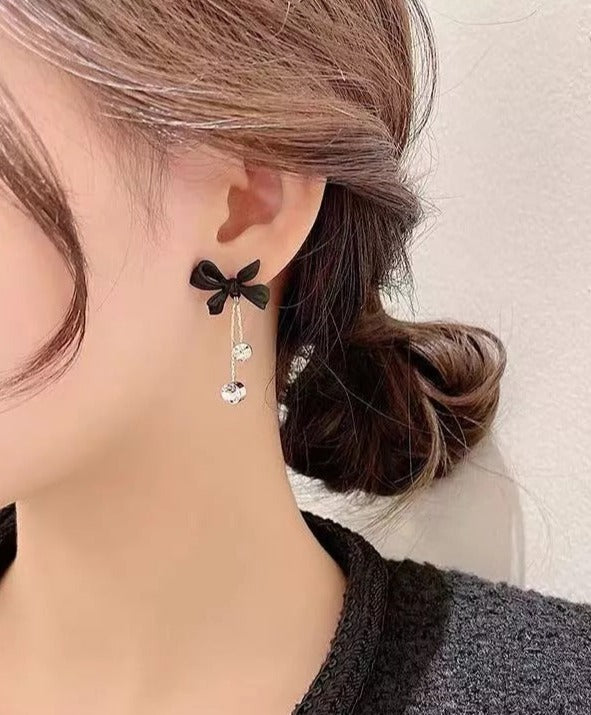 Black Bow Crystal Drop Earrings - accessorous