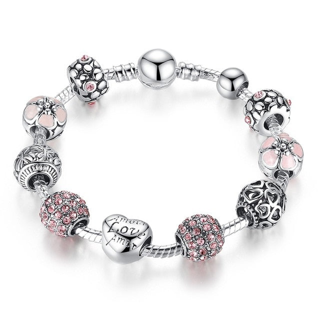 Silver Plated Charms Bracelet & Bangle with Love and Flower Beads - accessorous
