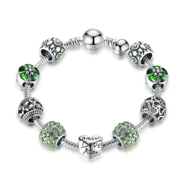 Silver Plated Charms Bracelet & Bangle with Love and Flower Beads - accessorous