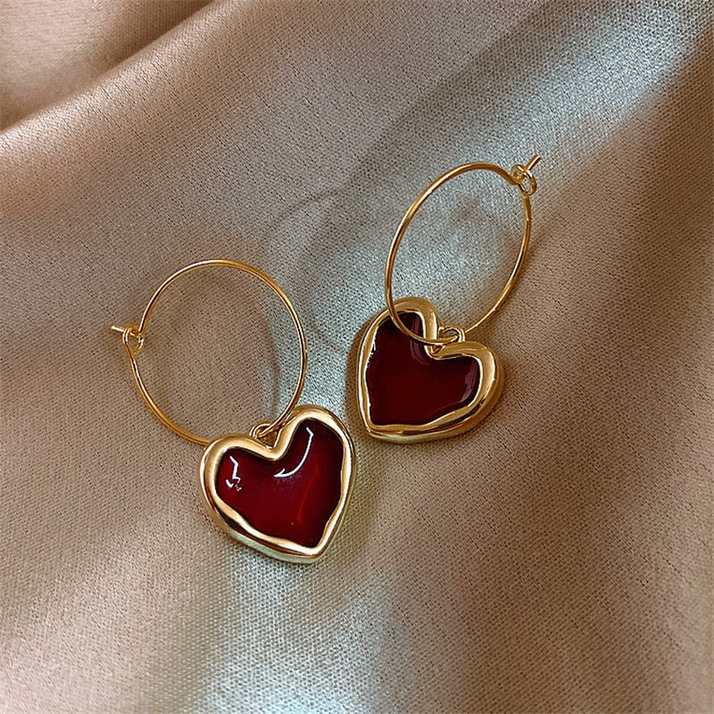 Sweet Burgundy Enamel Heart Earrings - accessorous