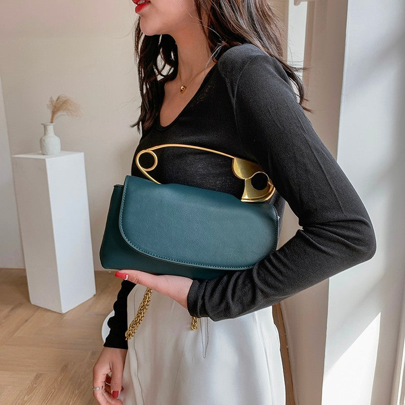 Stylish Oversized Pin Design Handbag Greenish Blue